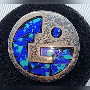 Vintage Mexican sterling silver pendant or brooch with crushed turquoise inlay